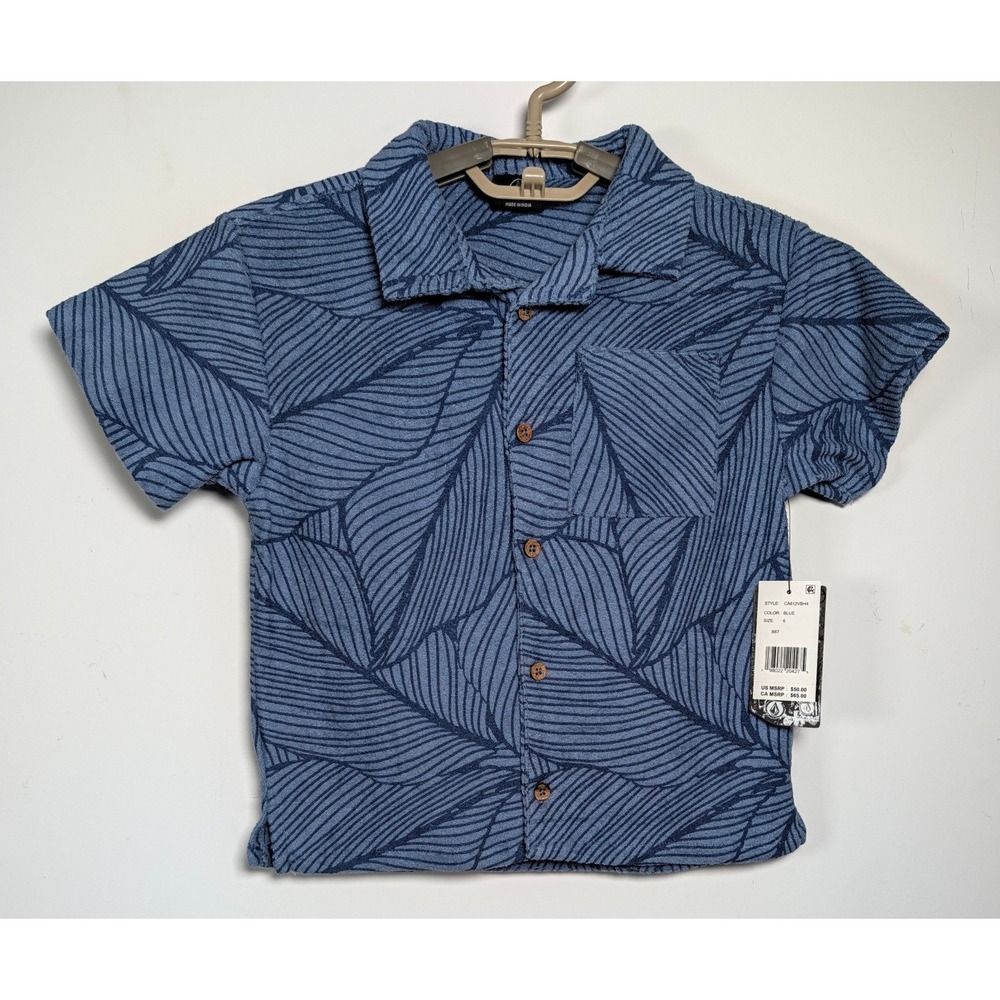 Volcom Kids Boys Shirt CA612VBH4 Terry Cloth Blue Tropical Leaf Button Up Tag 6